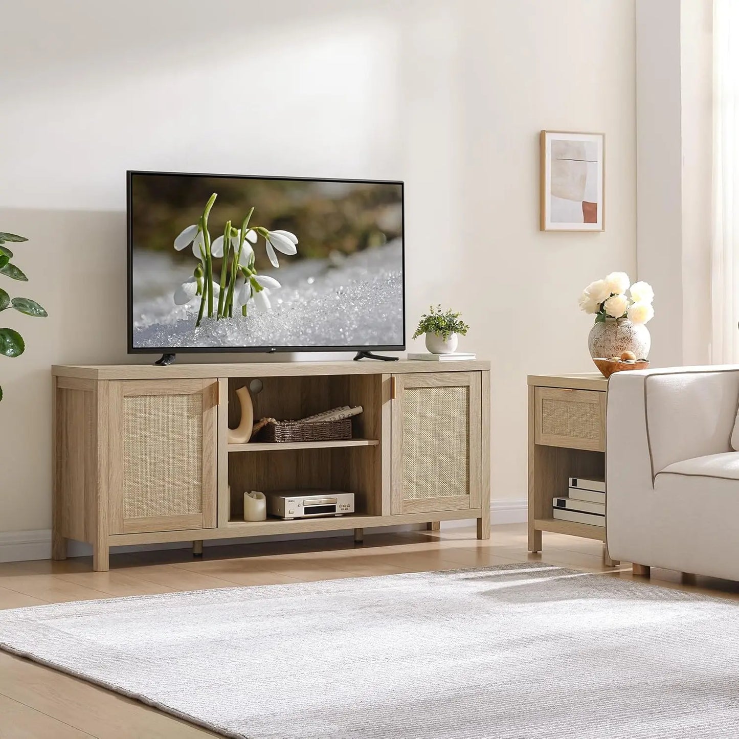 Rattan TV Stand for Living Room - 26" Tall TV Console Cabinet with Storage and Adjustable Shelf, Boho Entertainment, Customized