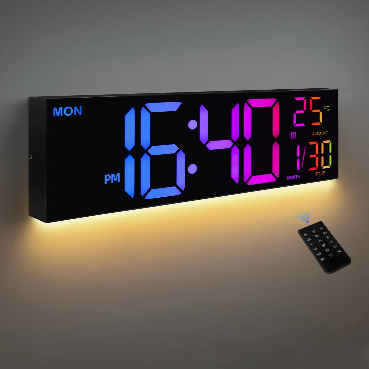 Hign-concerned Digital Wall Clock With LED Display Remote RGB Temperature