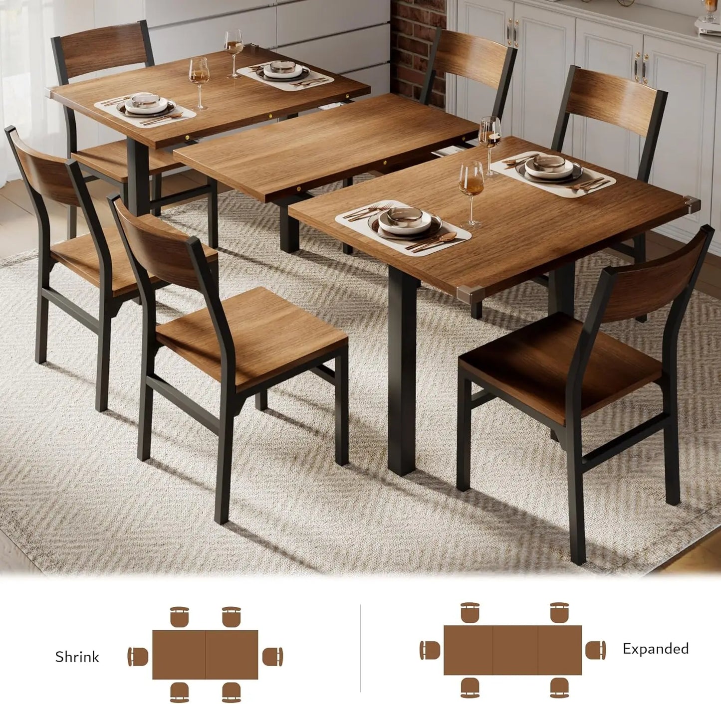 iPormis 7-Piece Dining Table Set with 6 Chairs, 63" Extendable Kitchen Table & Chairs Set for 4-6, Dining RoomTable with Solid