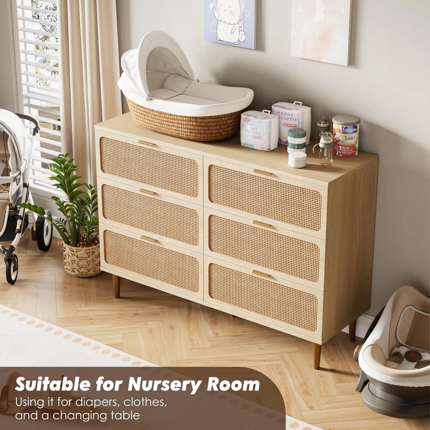 HiMISS 6-Drawer Rattan Dresser Hand Woven Wood Storage