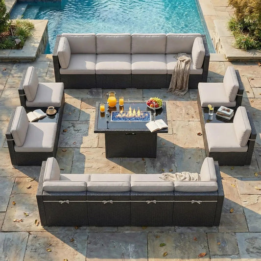 Patio Furniture Set With Fire Pit Table Outdoor Wicker Rattan Sectional Sofa