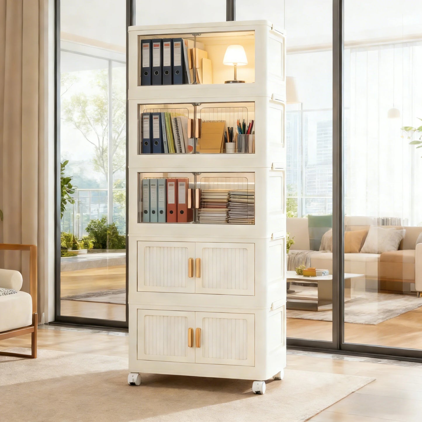 Stackable Versatile Storage Cabinet With Doors And Wheels Plastic Organizer
