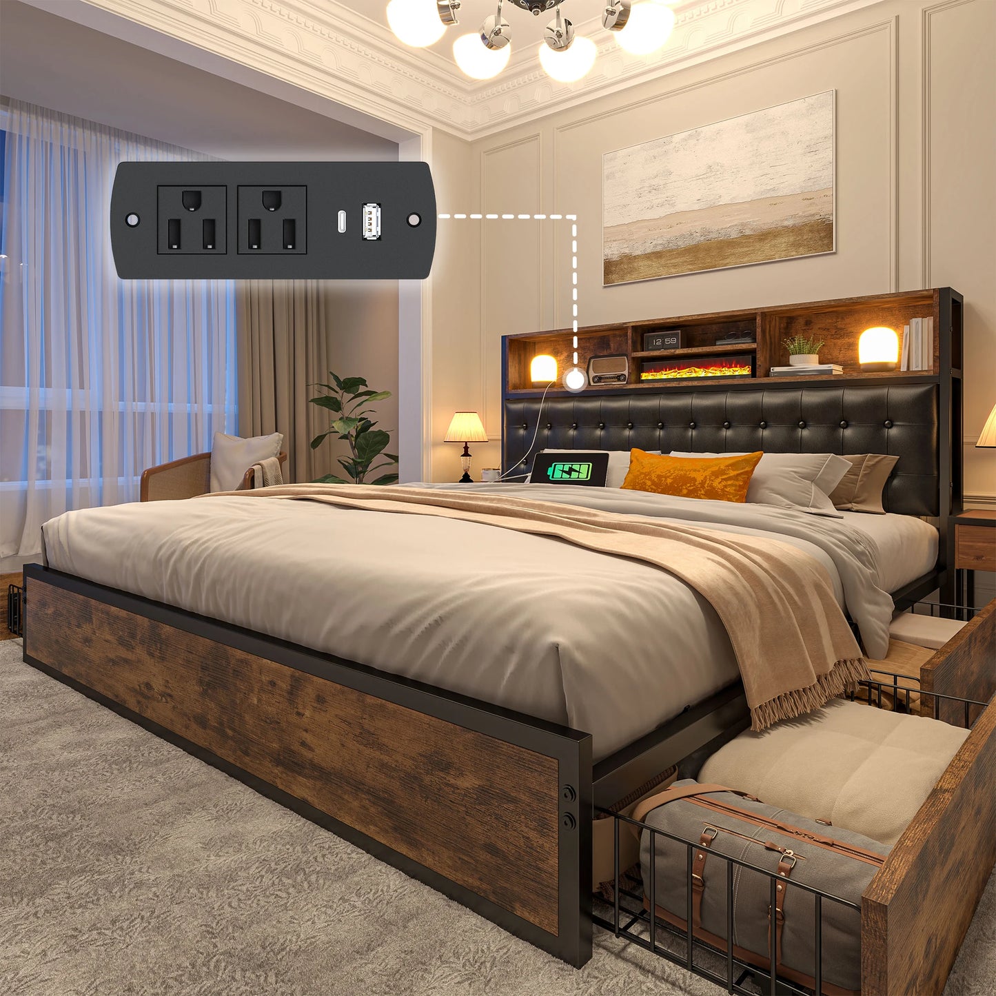 EnHomee Bed Frame With Charging Station And Storage Drawers