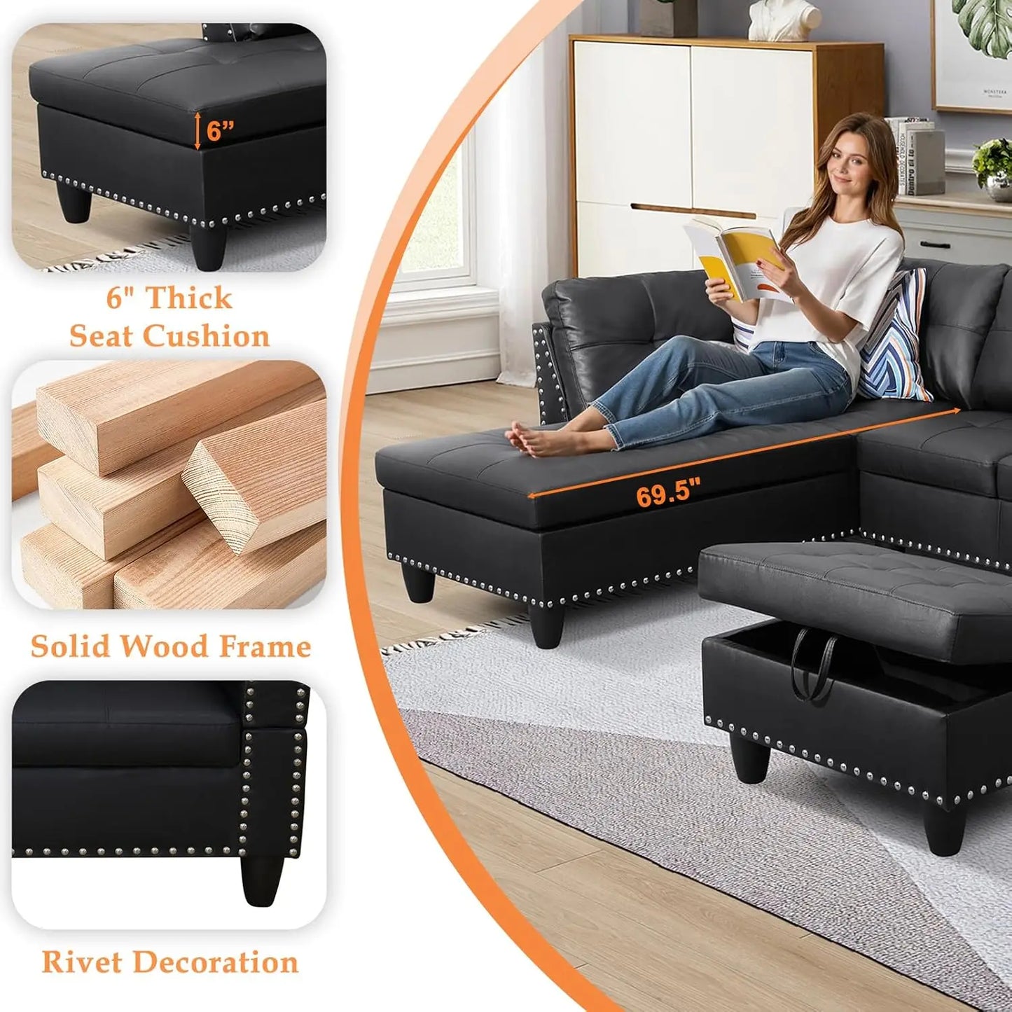 Modern Sectional Sofa Couch 4 Seater Set With Chaise Lounge