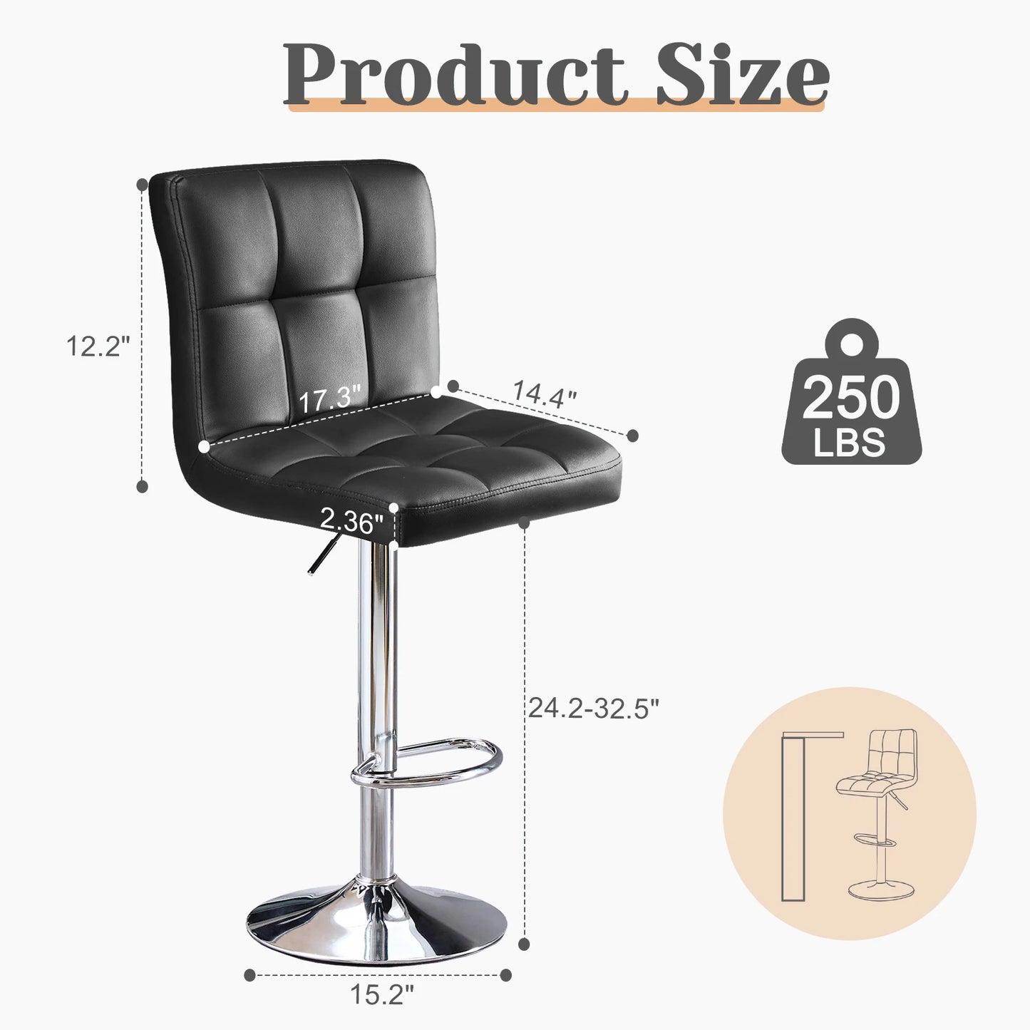 JHK PU Leather Bar Stools Set of 2 Upholstered Counter