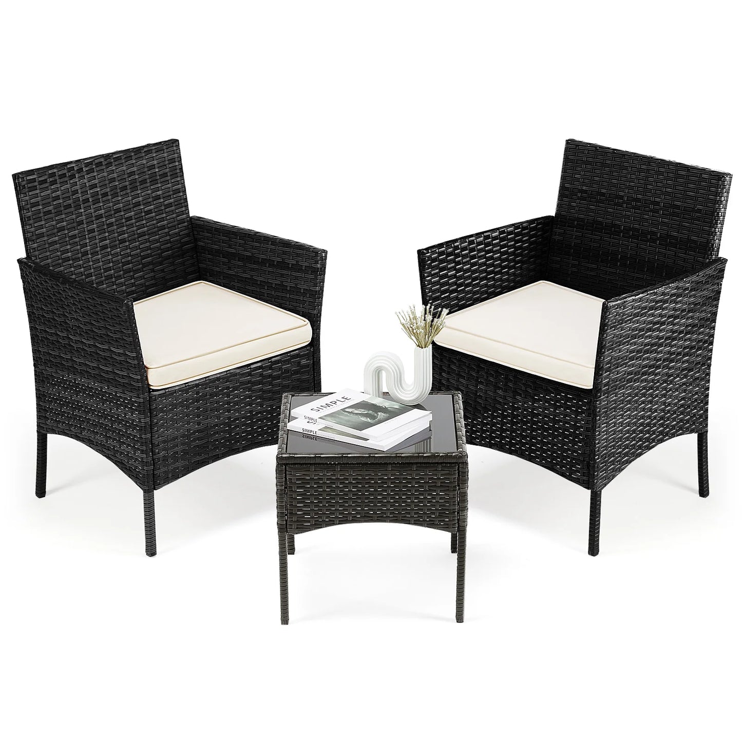 Outdoor Patio Furniture Set Wicker Rattan Chairs With Cushions Glass Table