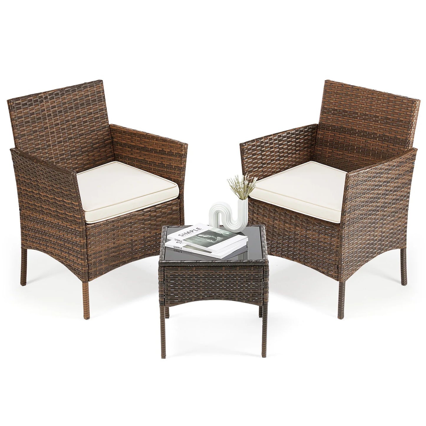 3 Piece Patio Furniture Set With Wicker And Glass Table