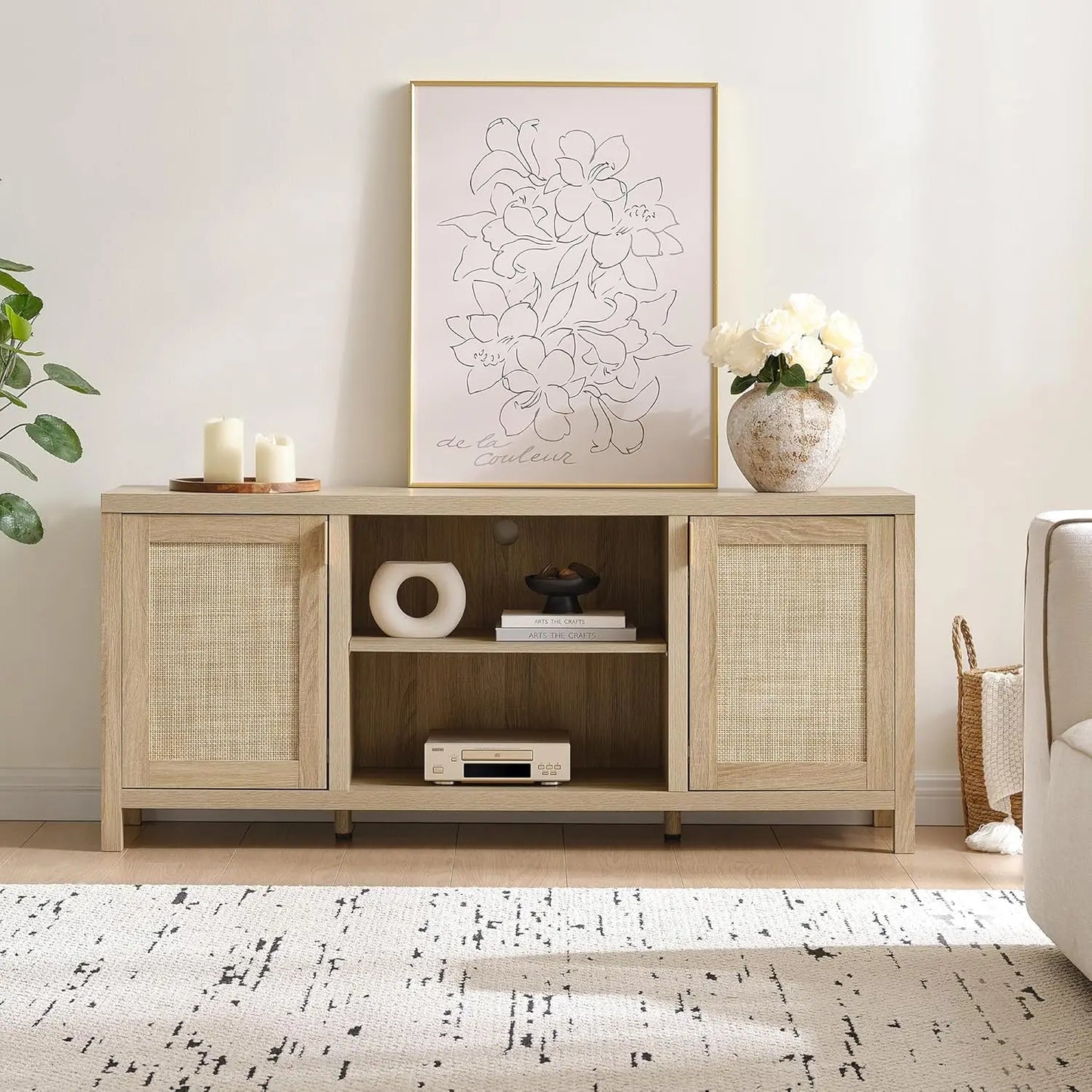 Rattan TV Stand for Living Room - 26" Tall TV Console Cabinet with Storage and Adjustable Shelf, Boho Entertainment, Customized