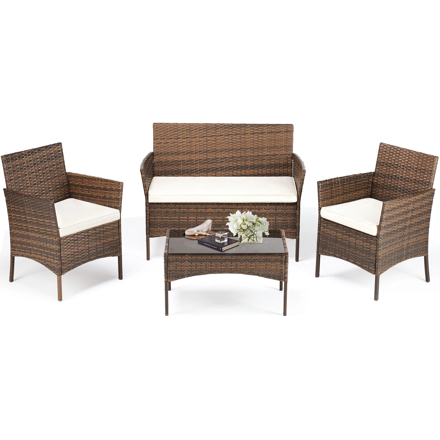 Outdoor Patio Furniture Set 4 Pieces With Glass Table Chairs