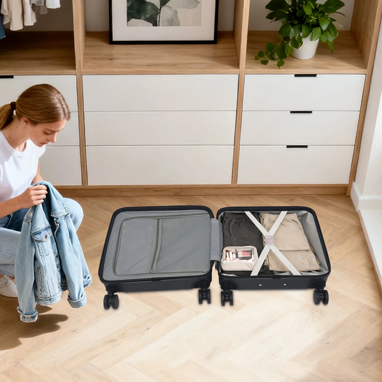 NONECN Boarding Suitcase With Front Compartment Travel Luggage For Business