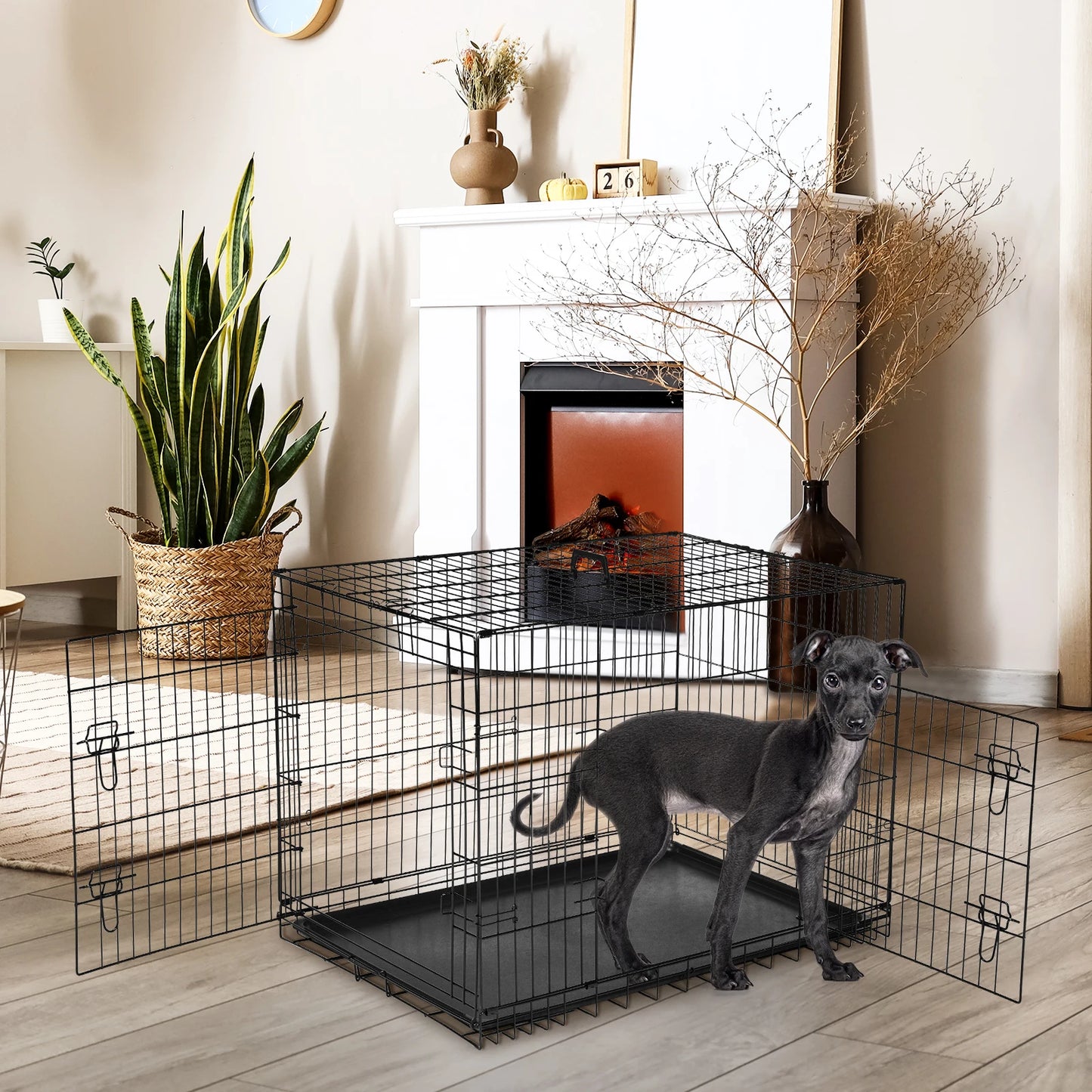 JHK Double Door Folding Dog Cage with Plastic Leak-Proof Pan