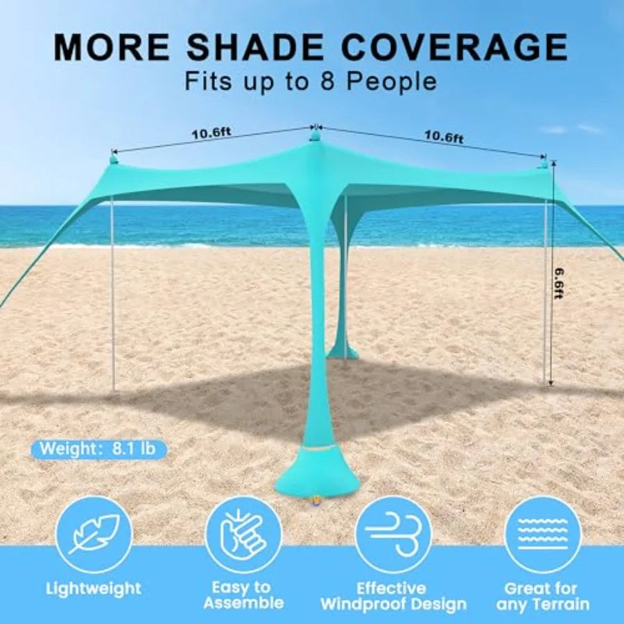 Beach Tent Shelter UPF50 With 4 Aluminum Poles Easy Setup