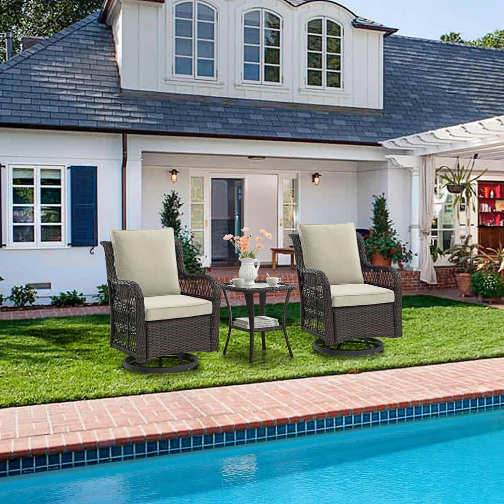 3-Piece Wicker Swivel Rocking Patio Set, 2 Chairs & Glass Table, Rattan Outdoor Furniture With Cushions For Patio Porch Backyard