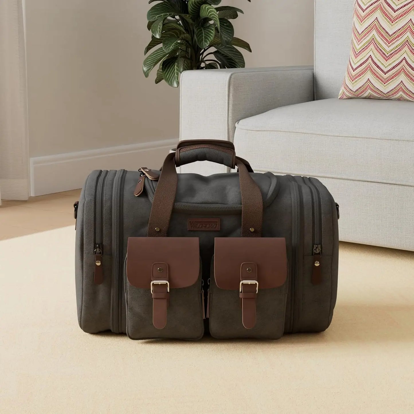 Expandable Canvas Leather Duffle Bag Waterproof With Shoe Compartment