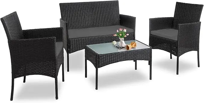 Outdoor Wicker Patio Conversation Set With Cushions And Glass Table