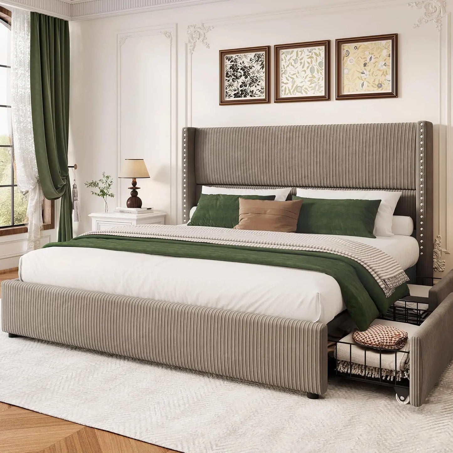 Queen Bed Frame with 4 Storage Drawers,Upholstered Bed Frame Queen Size with Headboard Corduroy Platform Bed Frame, Customized