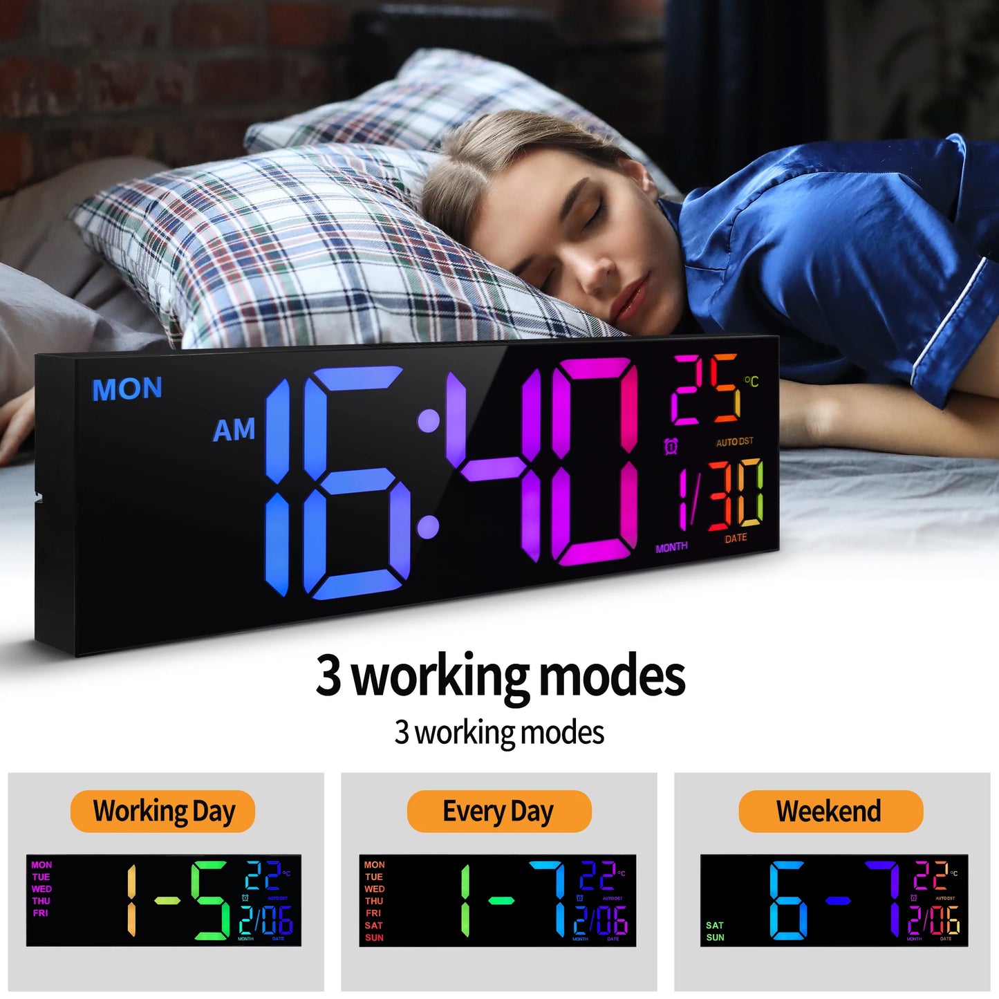 Hign-concerned Digital Wall Clock With LED Display Remote RGB Temperature