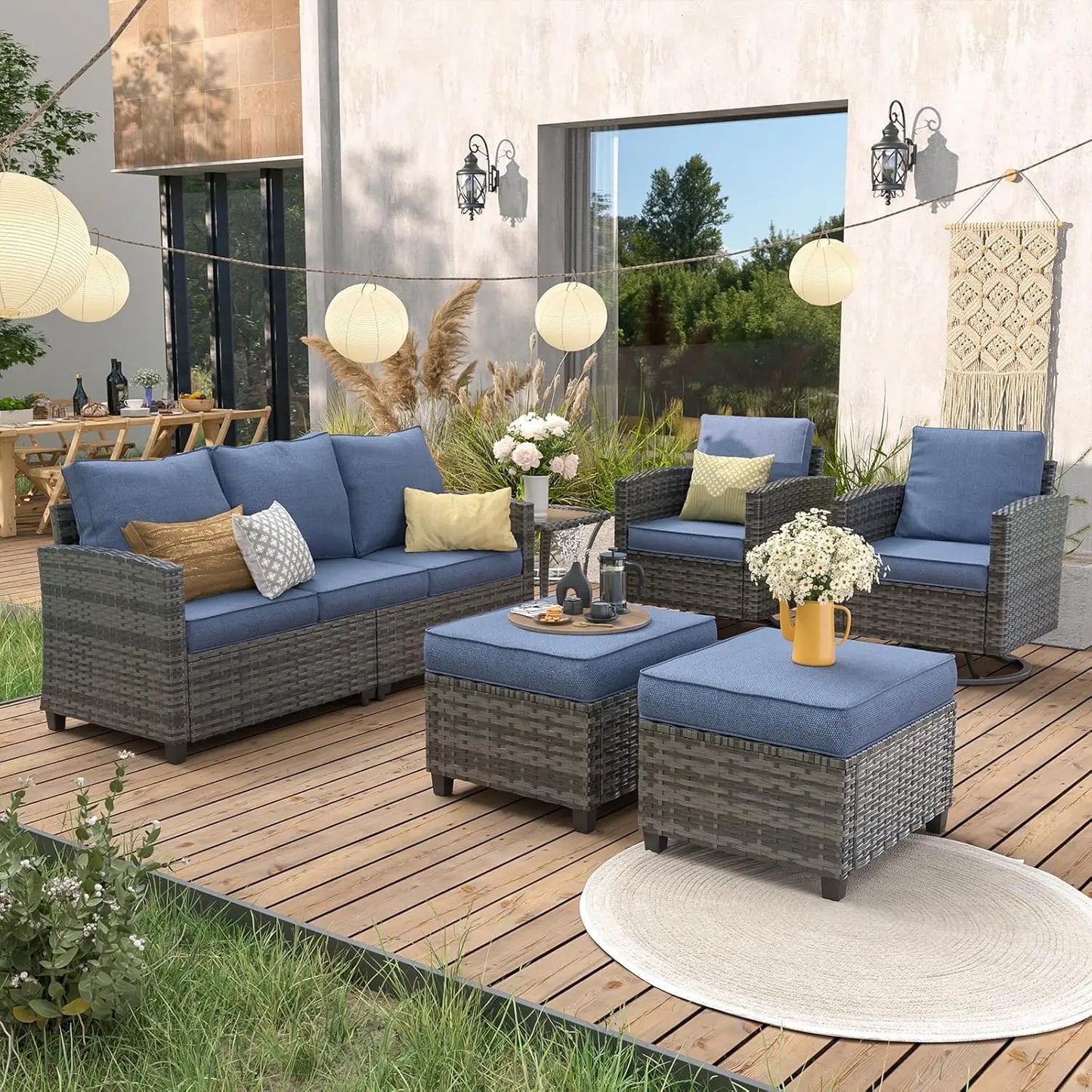 6Pc PE Rattan Sectional Sofa Set With Side Table Patio