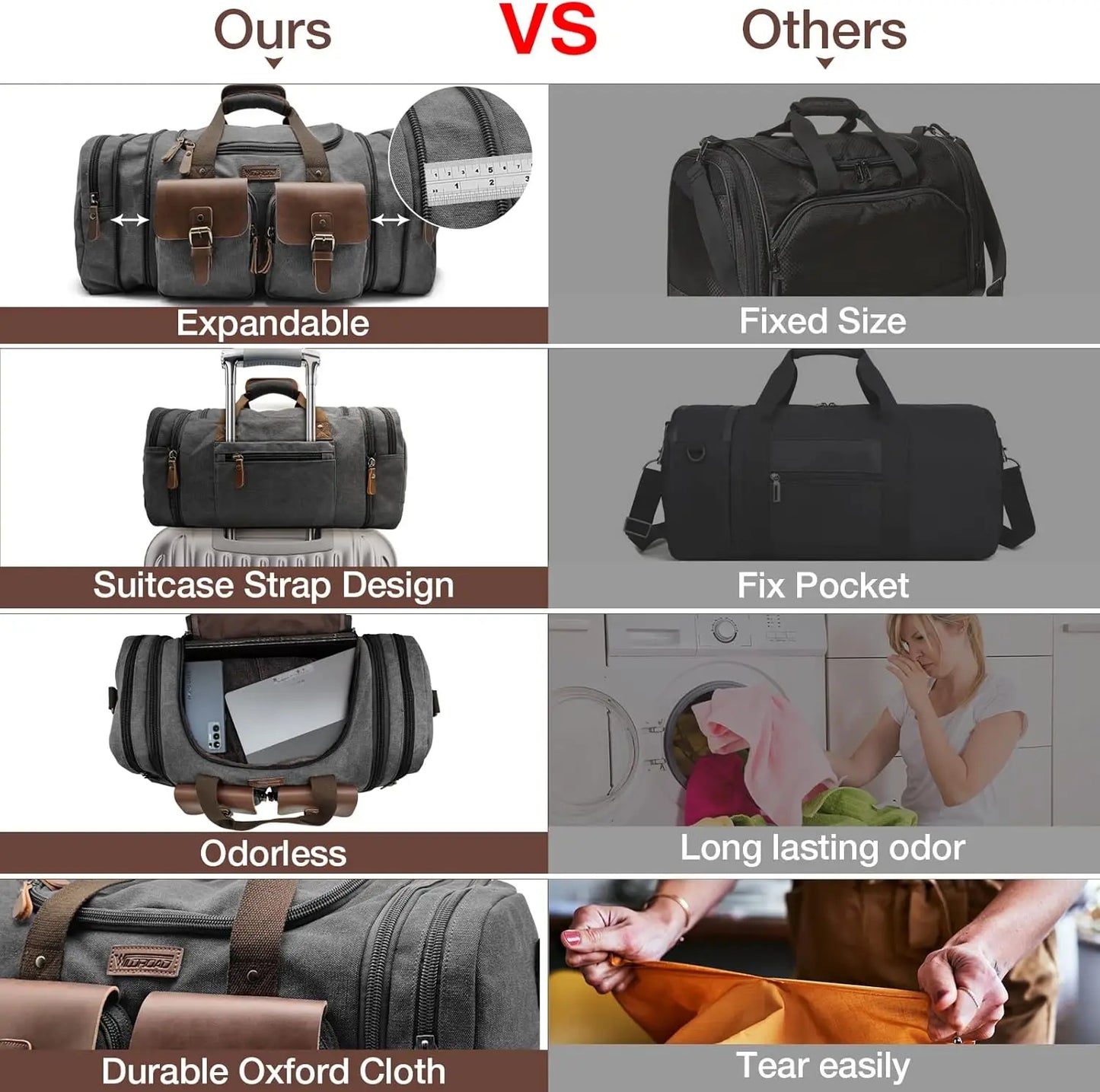 Expandable Canvas Leather Duffle Bag Waterproof With Shoe Compartment