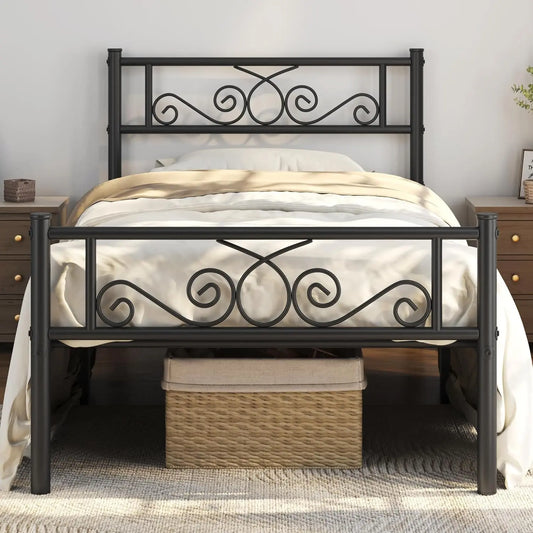 Twin Metal Bed Frame with Headboard and Footboard, No Box Spring Needed, Easy Assembly, Under-Bed Storage Space