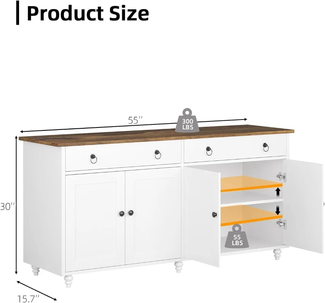 55'' Large Farmhouse Buffet Cabinet with Storage, 4 Doors & 2 Drawers, Adjustable Shelves for Kitchen Dining Room