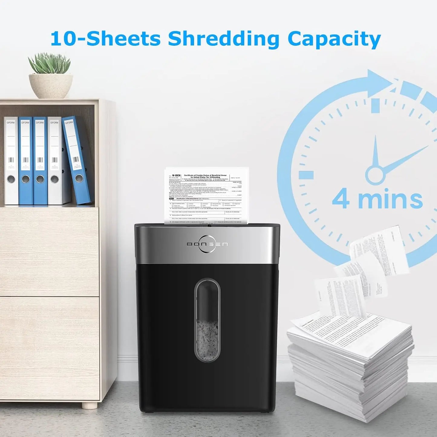 BONSEN 10-Sheet Cross-Cut Home Office Shredder P-4 Security suit for Credit Card,Staples & Clips, Quiet with Jam-Proof&4 Gal Bin