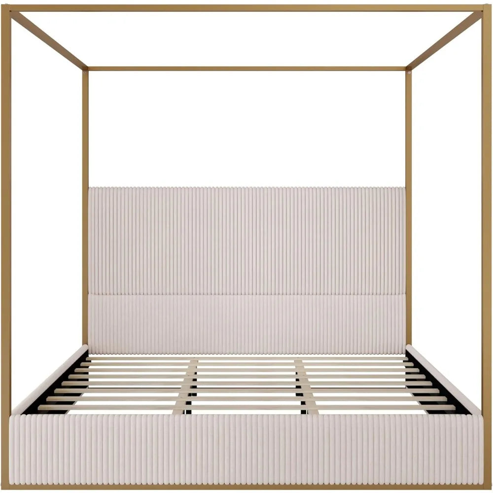 Contemporary King-Size Upholstered Canopy Bed Frame with Metal Posts, No Box Spring Required