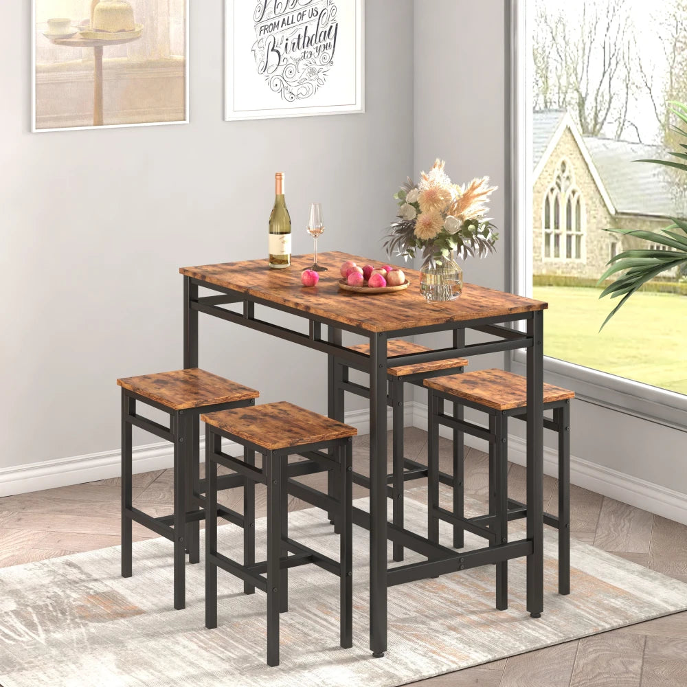 Bar Table Set 5PC Dinging Table Set High Stools Structural Strengthening Industrial Style Rustic Brown 43'' L X 23'' W X 35'' H.