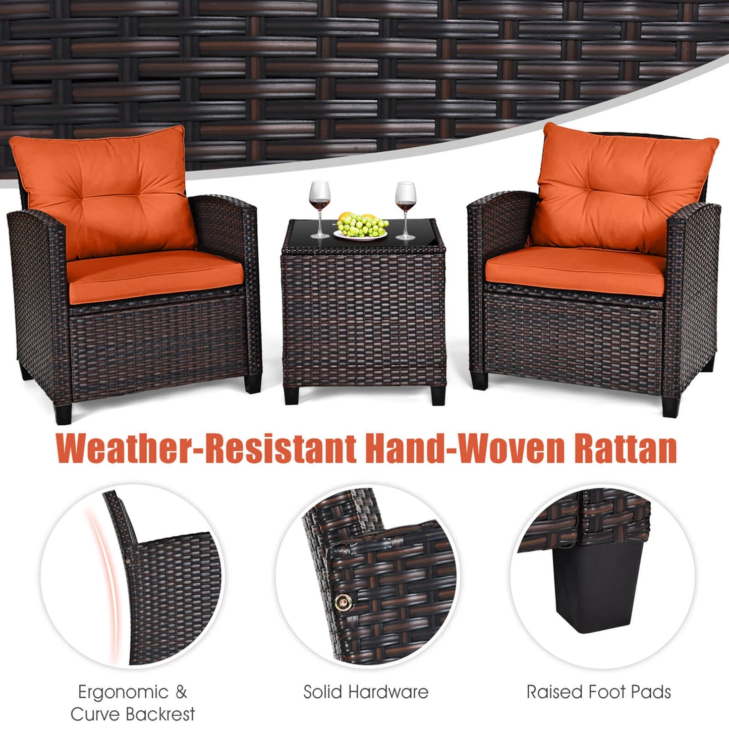 HOMASIS 3 Piece Patio Rattan Furniture Set Cushioned Conversation