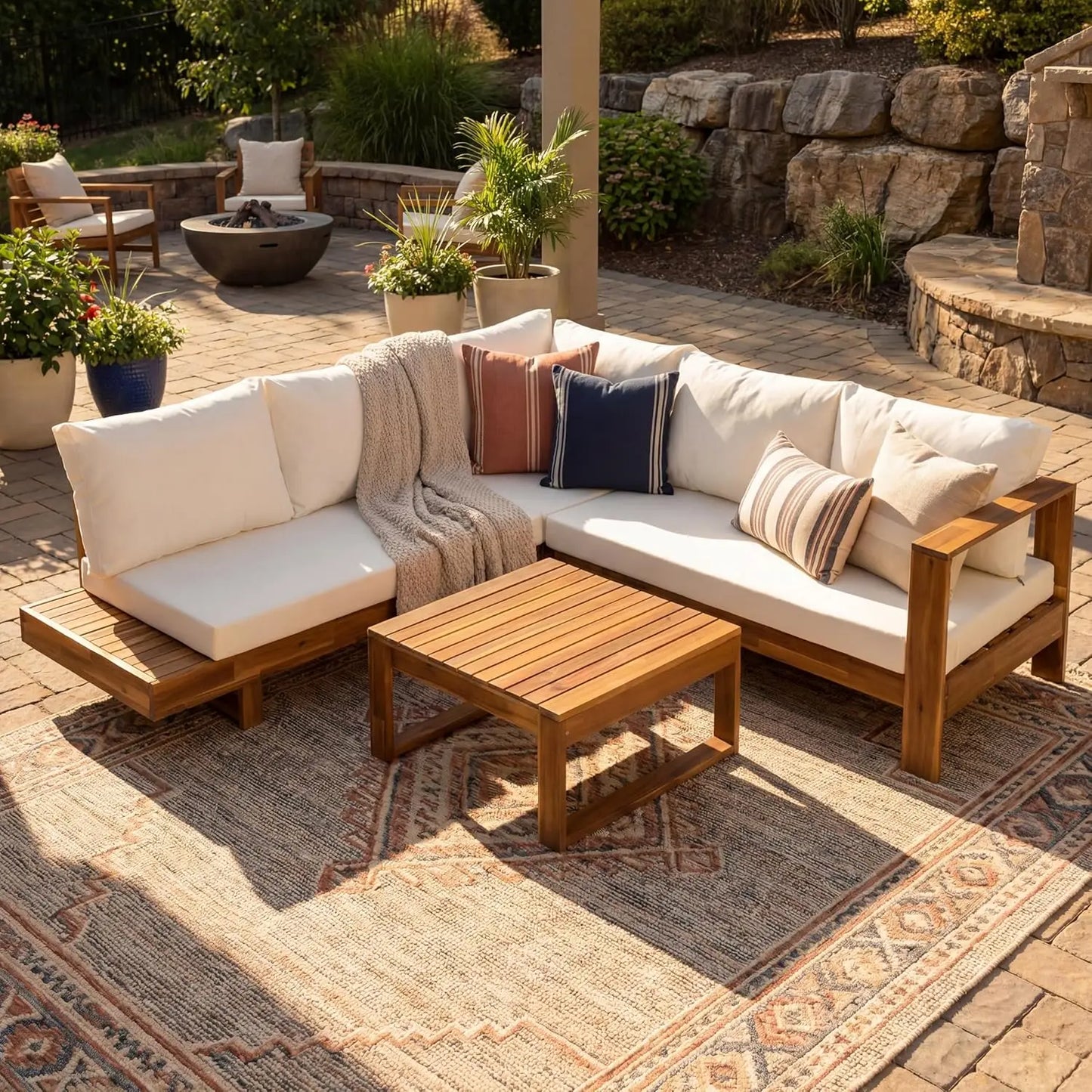 Acacia Wood 4pc Outdoor Sectional Sofa Set With Cushions