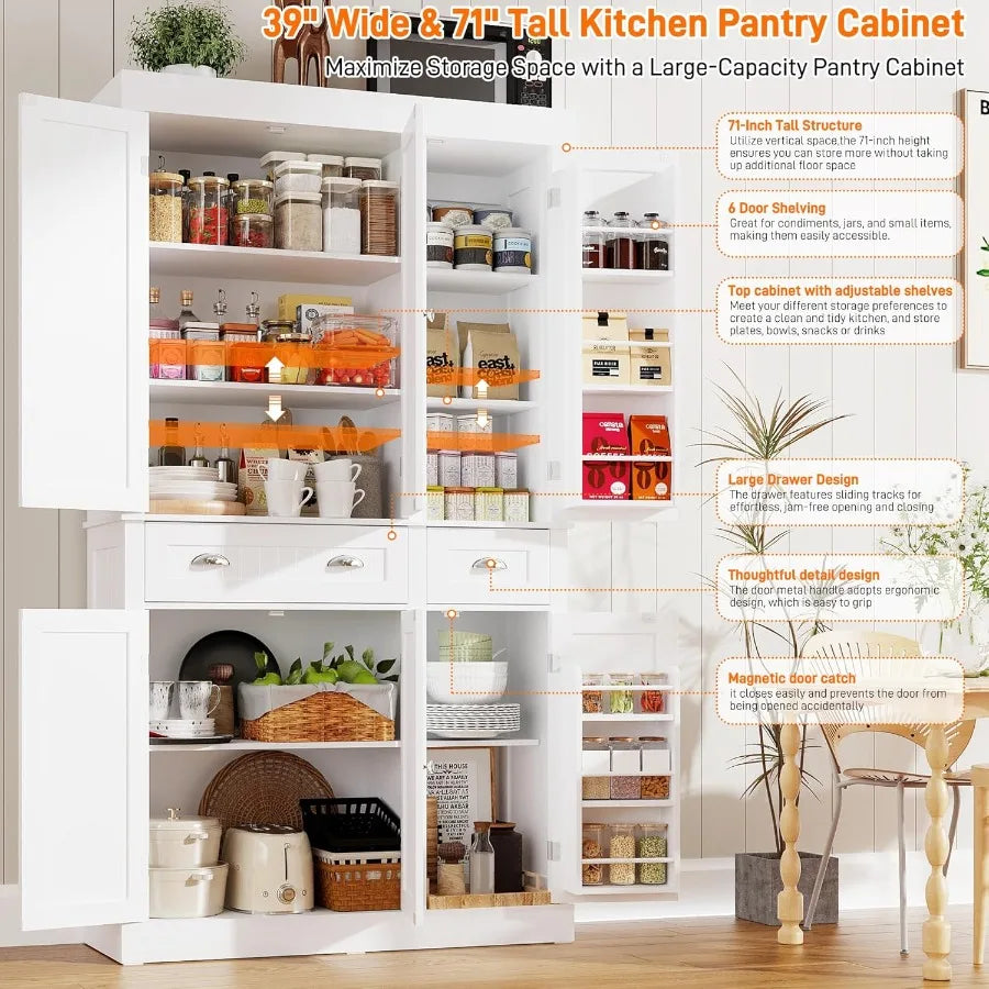 71 Tall Modern Kitchen Cabinet Pantry Storage with Doors and Adjustable Shelves Large Freestanding Food Pantry with 2 Drawers f