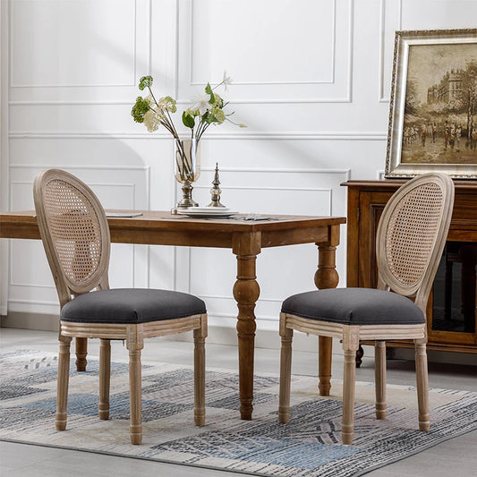 French Style Solid Wood Frame Linen Fabric Rattan Back Dining Chair,Set of 2,Gray