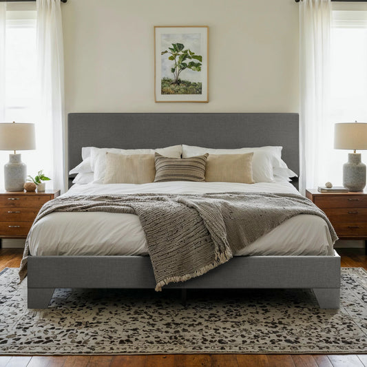 HOOMIC Upholstered Bed Frame With Adjustable Headboard Soft Linen Fabric