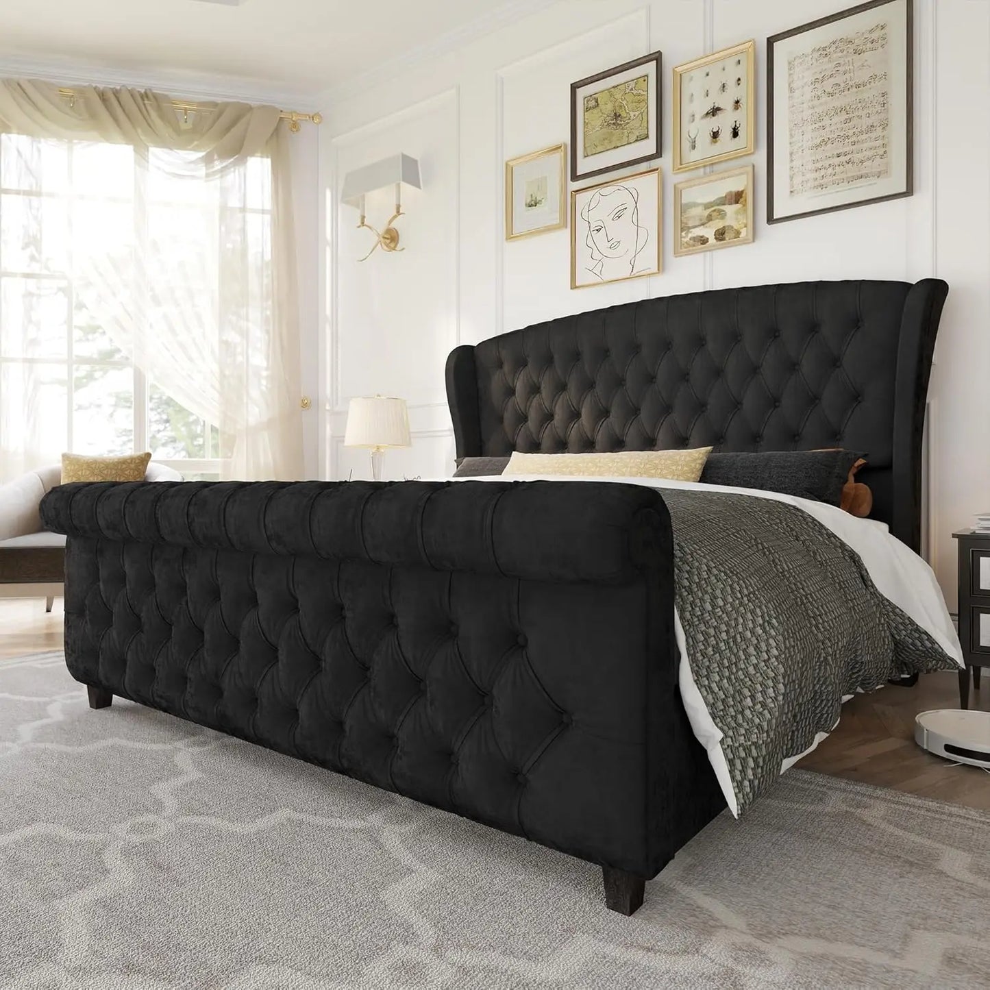 California King Size Platform Bed Frame, with Scroll Wingback Headboard & Footboard, Velvet Upholstered Sleigh Bed