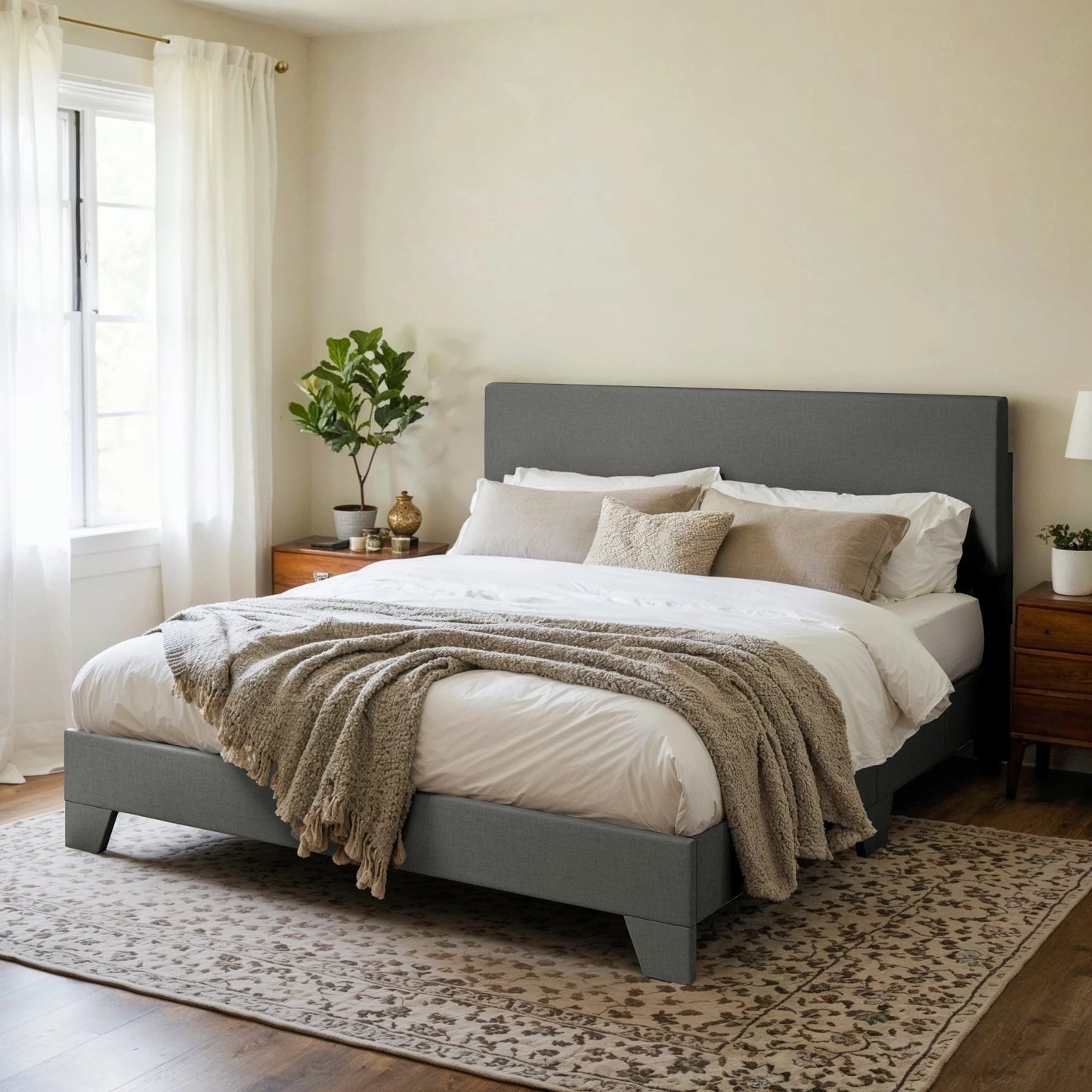 HOOMIC Upholstered Bed Frame With Adjustable Headboard Soft Linen Fabric