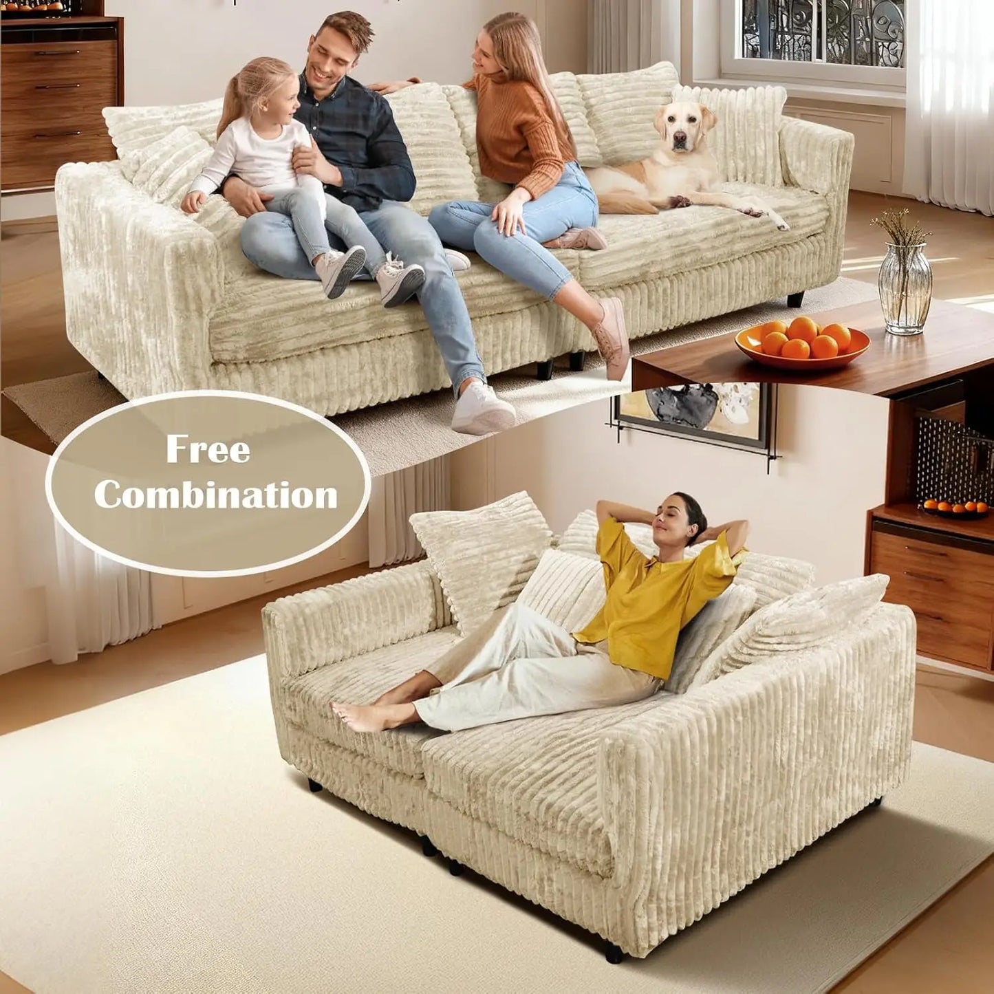 104.3'' Deep Seat Modular Sectional Sofa Plush Corduroy Memory Foam Convertible 6 Pillows Living Room Apartment, Customized