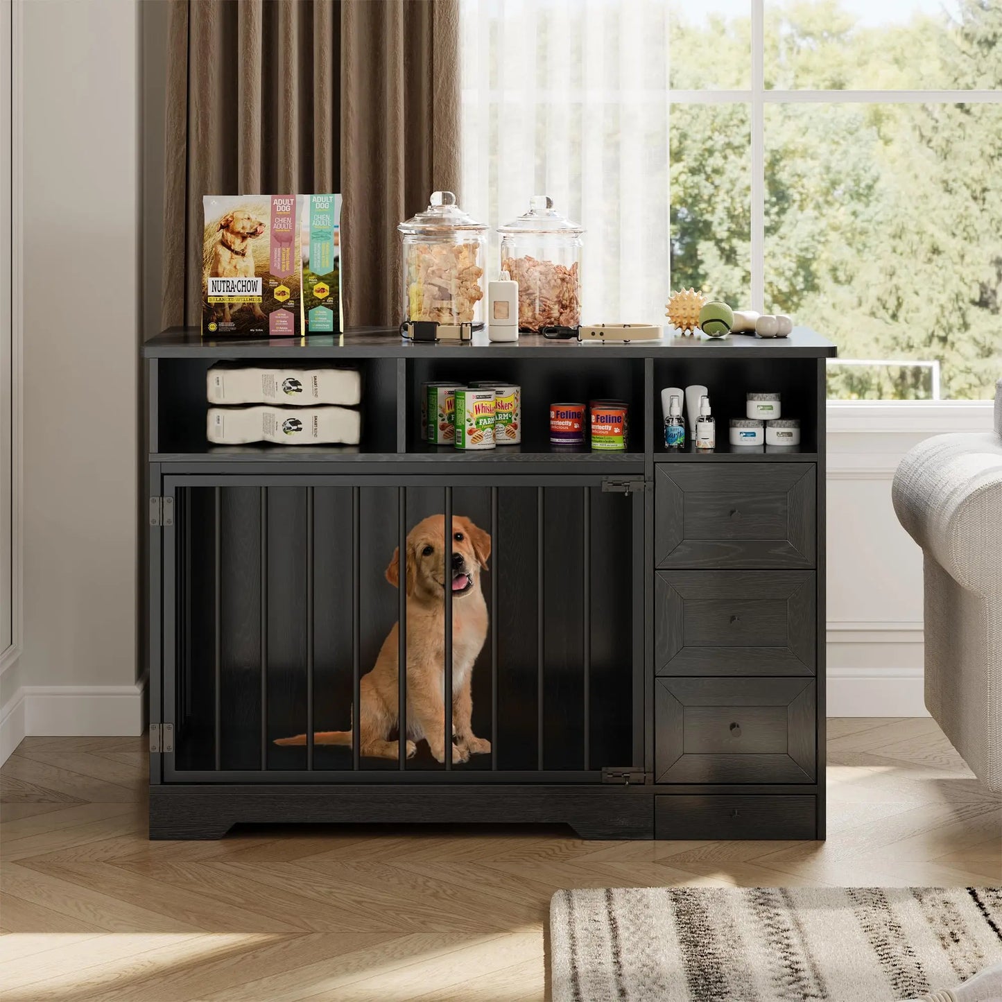 HiMISS Farmhouse Wooden Dog Crate With Six Storage Drawers Kennel End Table