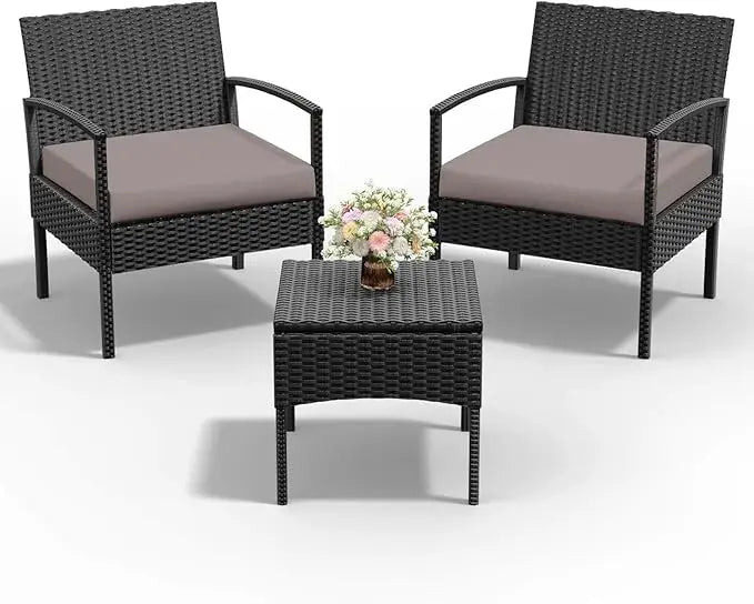 Outdoor Wicker Patio Conversation Set With Cushions And Glass Table