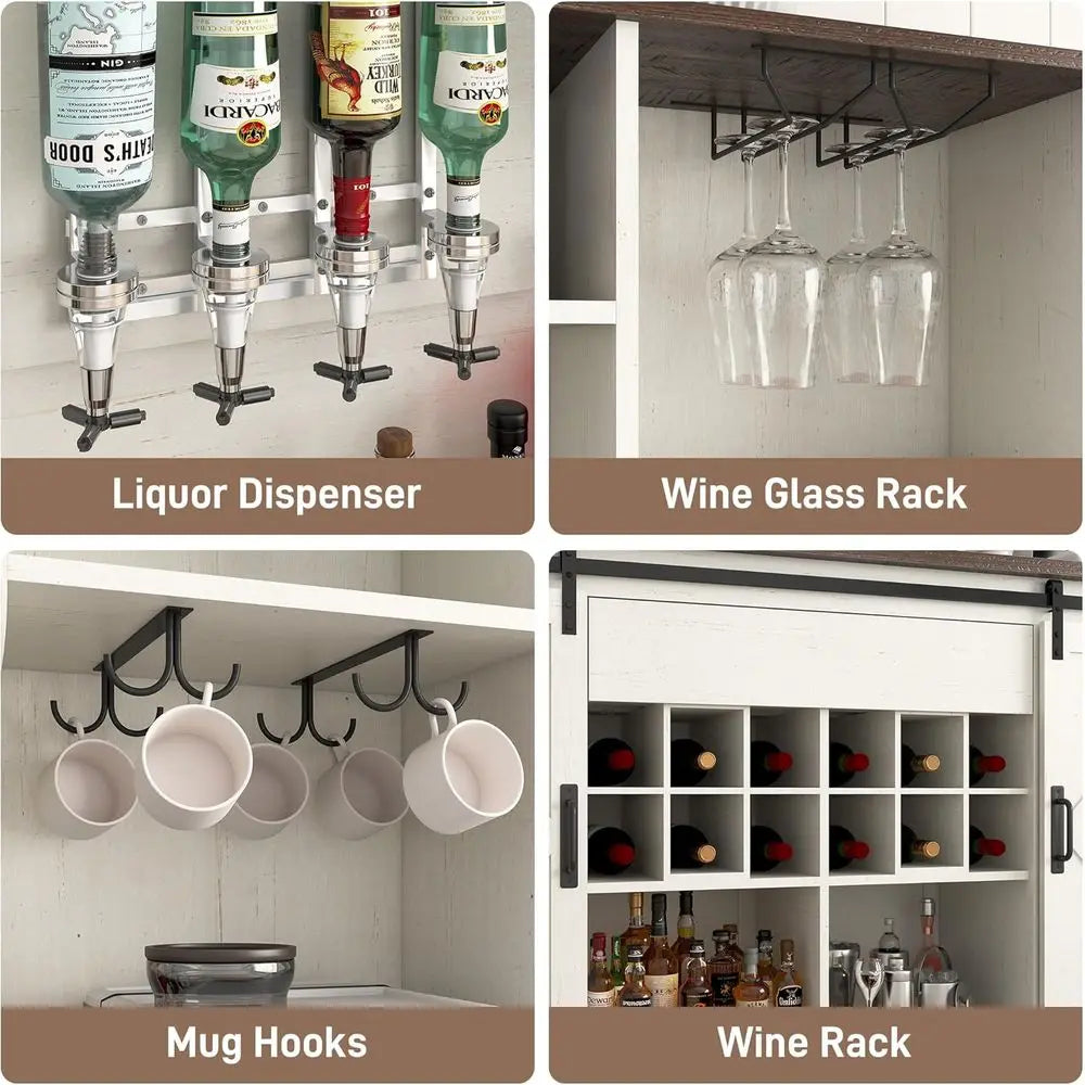 63W x 71H LED-lit Farmhouse Coffee Bar Cabinet with Sliding Doors, Wine Rack, Charging & Glass Holders Customized