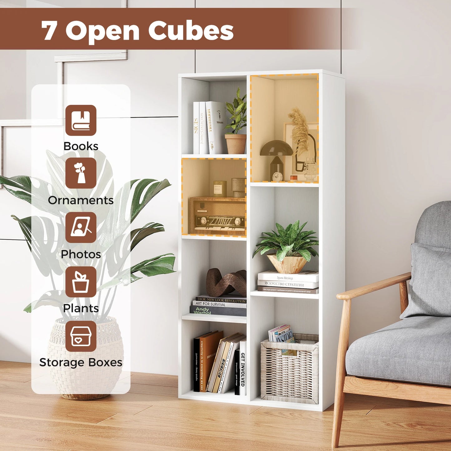HOMASIS 7 Cube Bookcase Freestanding Wood Bookshelf