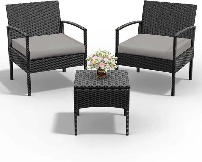 Outdoor Wicker Patio Conversation Set With Cushions And Glass Table