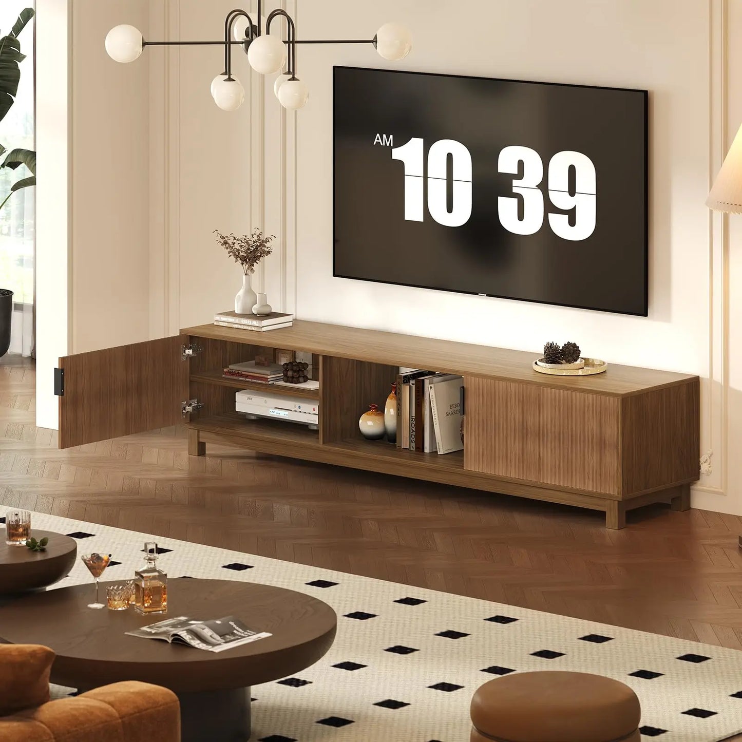HiMISS Fluted TV Stand With Adjustable Shelves For Living Room