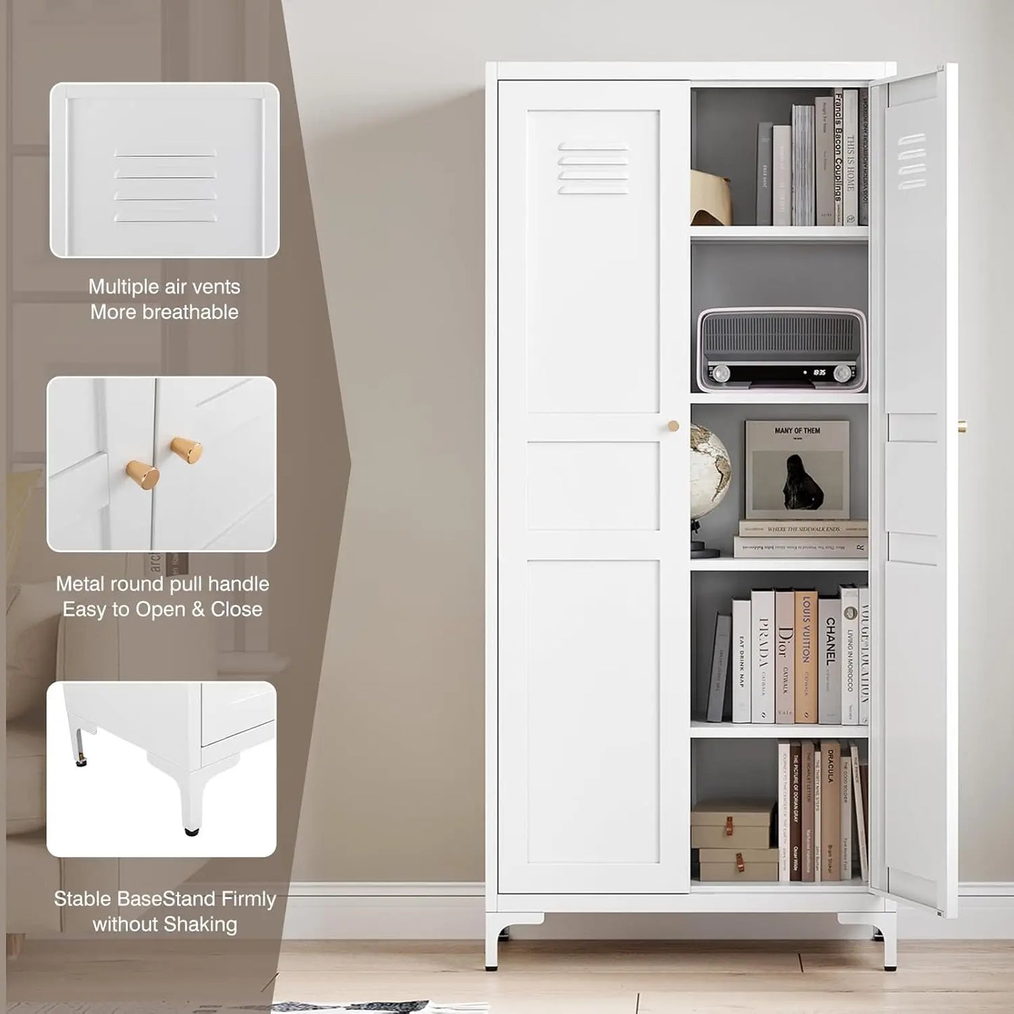 2 Doors and 4 Adjustable Shelves - 61" White Kitchen Pantry Storage 5-Tier Tall Steel Cabinets Locker for Kitchen,