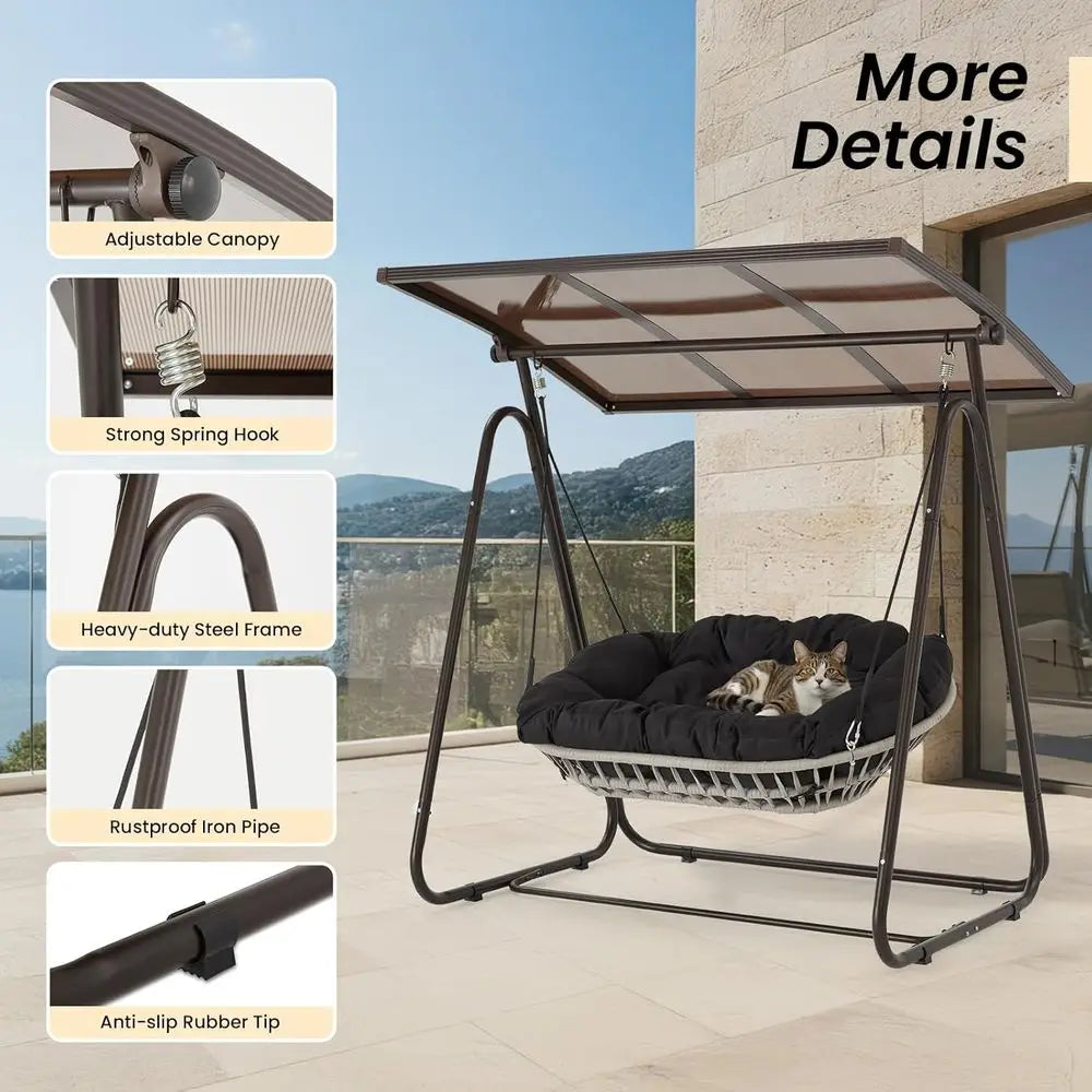 Weatherproof Rattan Swing Chair With Cushions and Adjustable Hardtop Patio