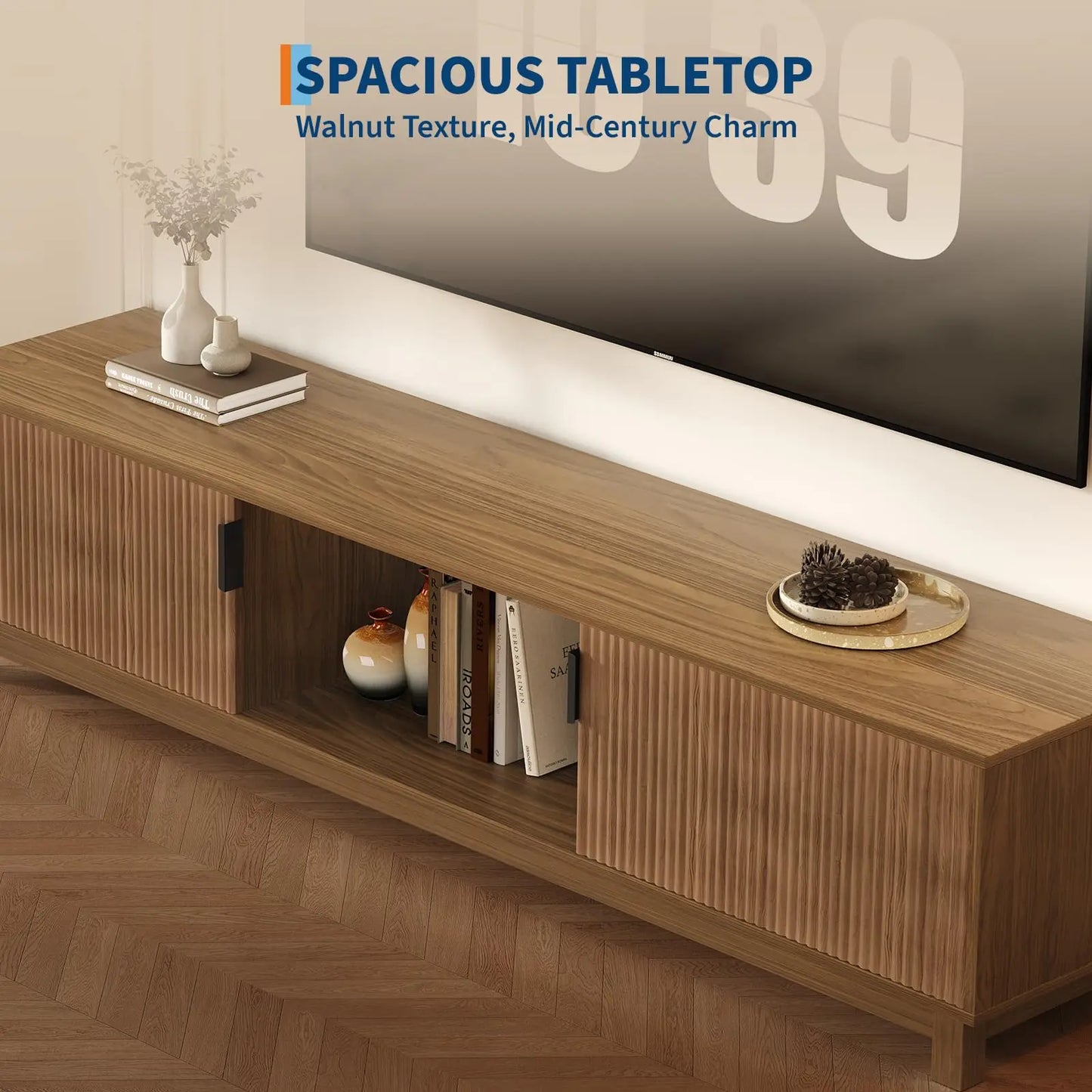 HiMISS Fluted TV Stand With Adjustable Shelves For Living Room