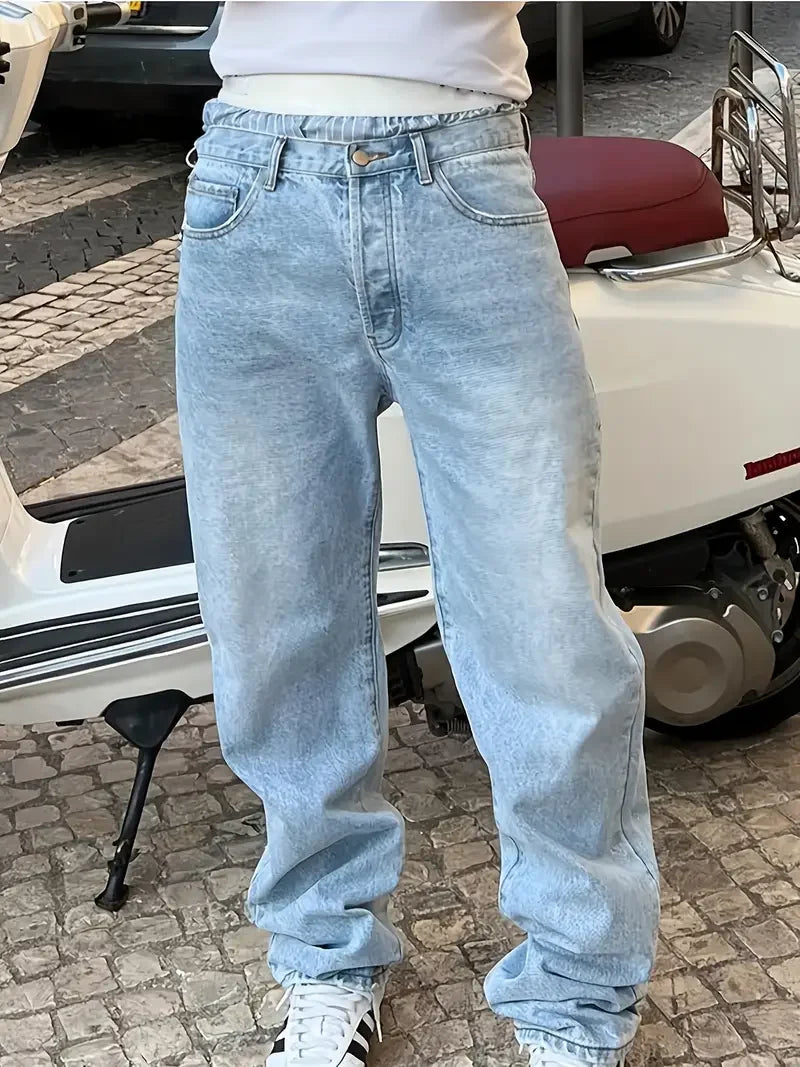 Men's Vintage Washed Loose Fit Jeans With Zipper Fly