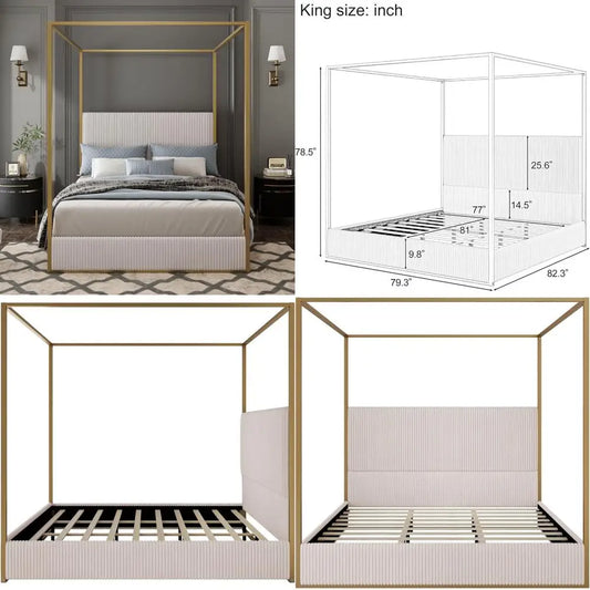 Contemporary King-Size Upholstered Canopy Bed Frame with Metal Posts, No Box Spring Required