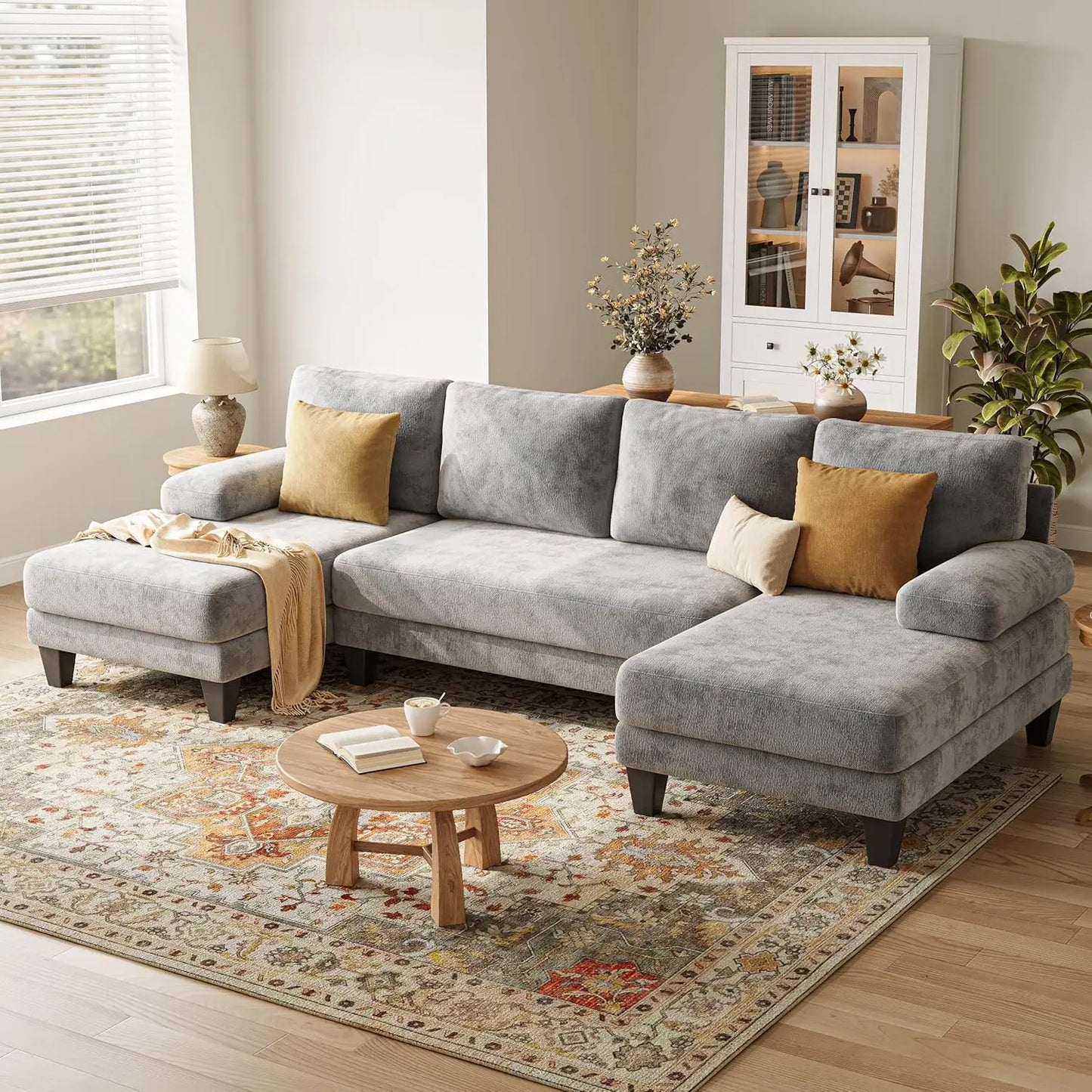 Chenille U Shaped Sectional Sofa With Double Chaise