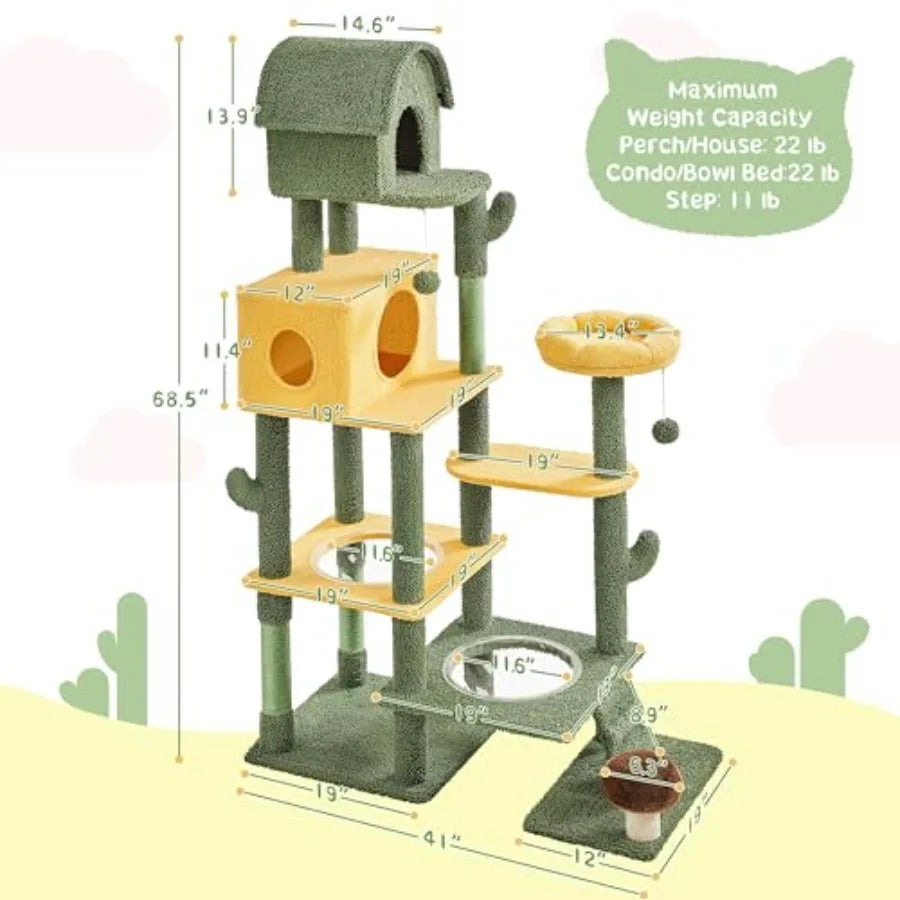 Cactus Cat Tree Multi Level Tower With Condos And Bowls