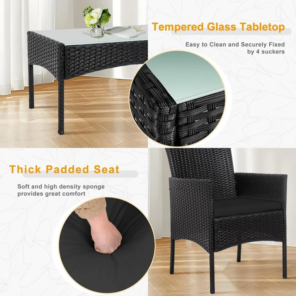 Outdoor Wicker Patio Conversation Set With Cushions And Glass Table